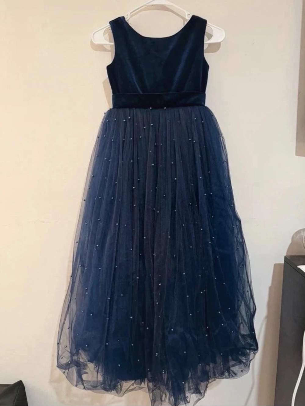 La Novale Navy Pearl-Embellished Tulle Flower Girl Dress